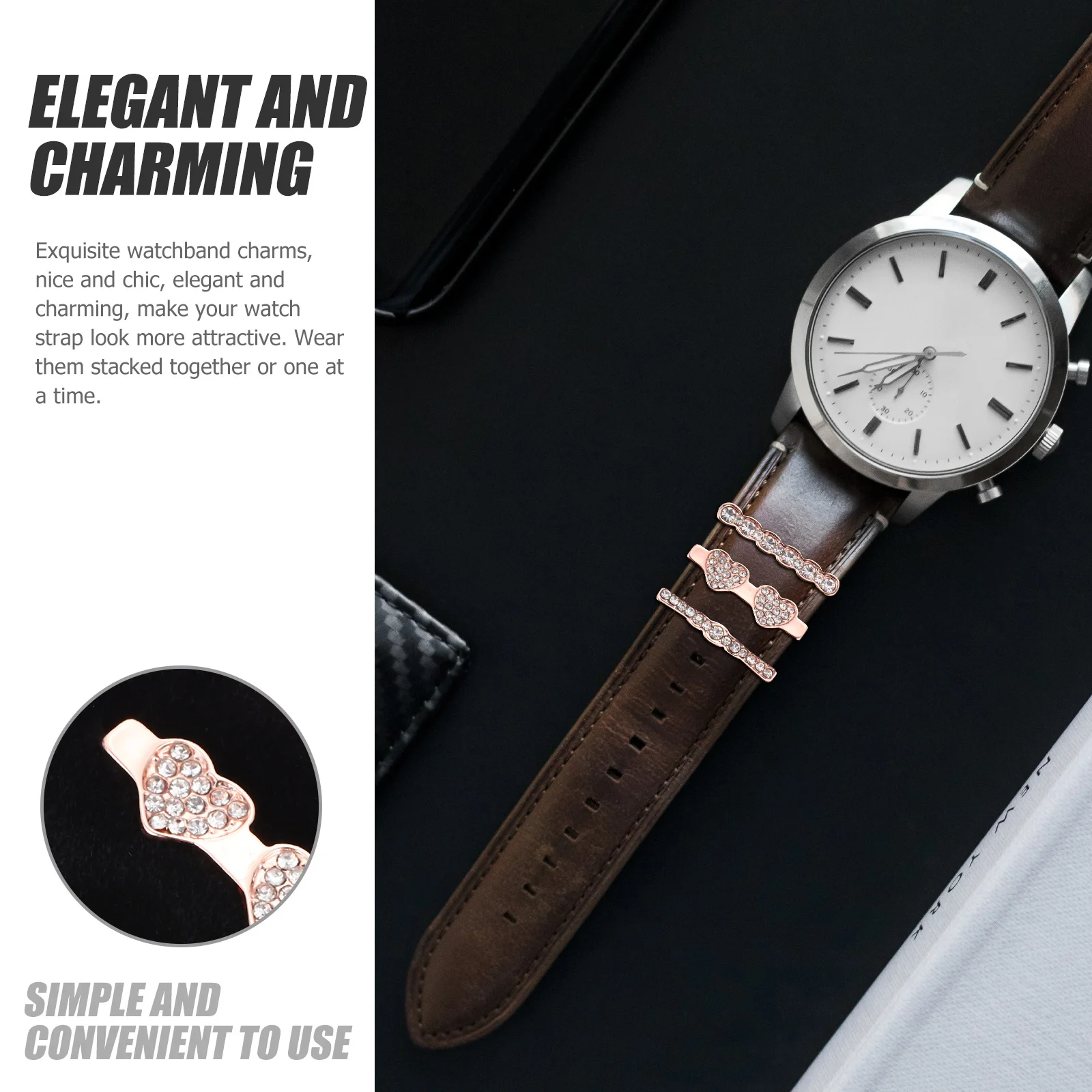 3 قطع من حلقات حزام الساعة المزخرف على شكل قلب مصنوعة من خليط معدني وخفيفة الوزن ومتينة وحلقة حلقة صغيرة من السيليكون #6