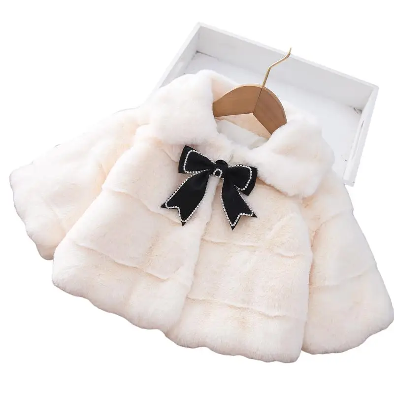 

Baby girl imitation fur coat winter children's thickened cape new children's plush jacket bow tie girls shawl jacket clothing