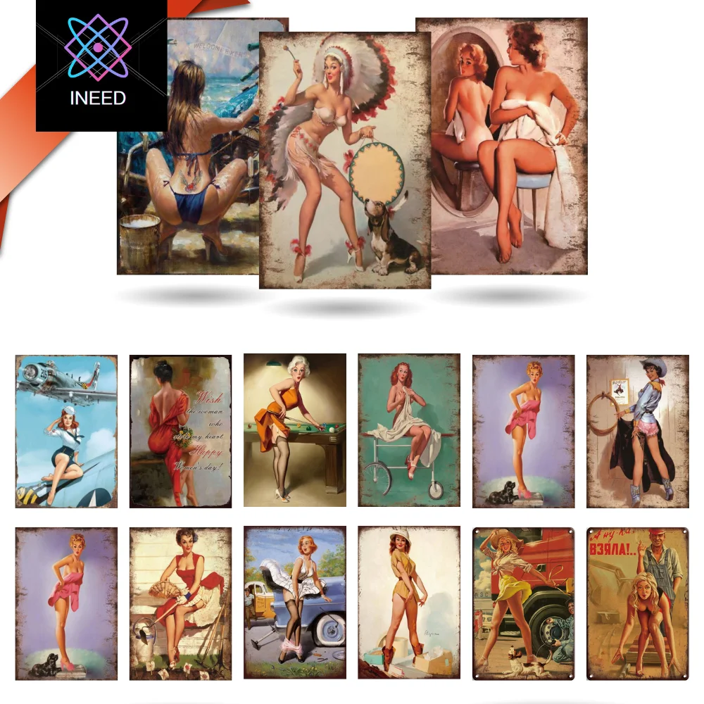 

【INEED】Sexy Beauty Metal Tin Signs Vintage Poster Wall Decor Plaque For Bar Pub Club Man Cave Home Retro Wall Art