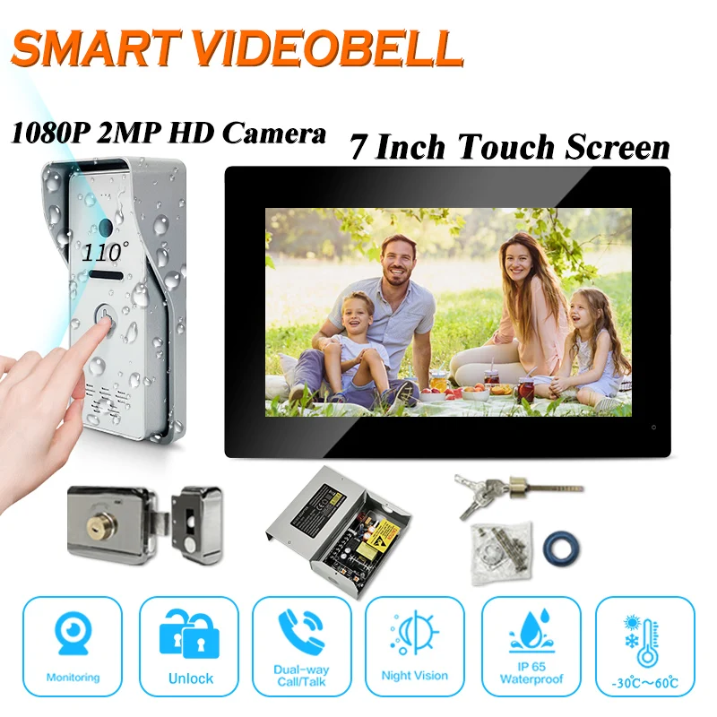 

In stock doorbell security camera with 7 inch screen display full touch operate see visitor outside open door inside unlock fast