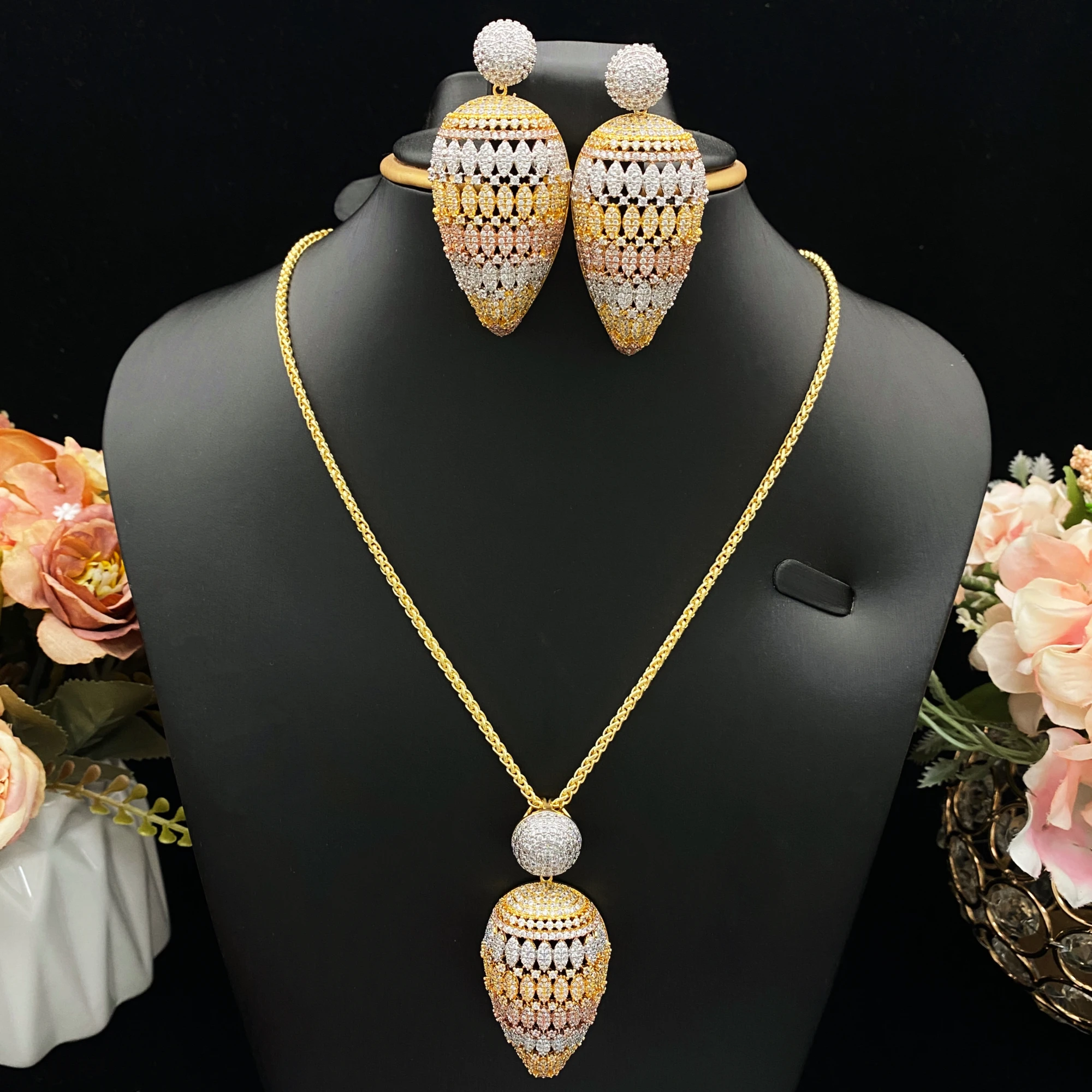 

JRH Oval Duo 2PCS Gold Plated Abstract Cut Necklace Stud Earrings Multicolor Zirconia Modern Daily Women Jewelry