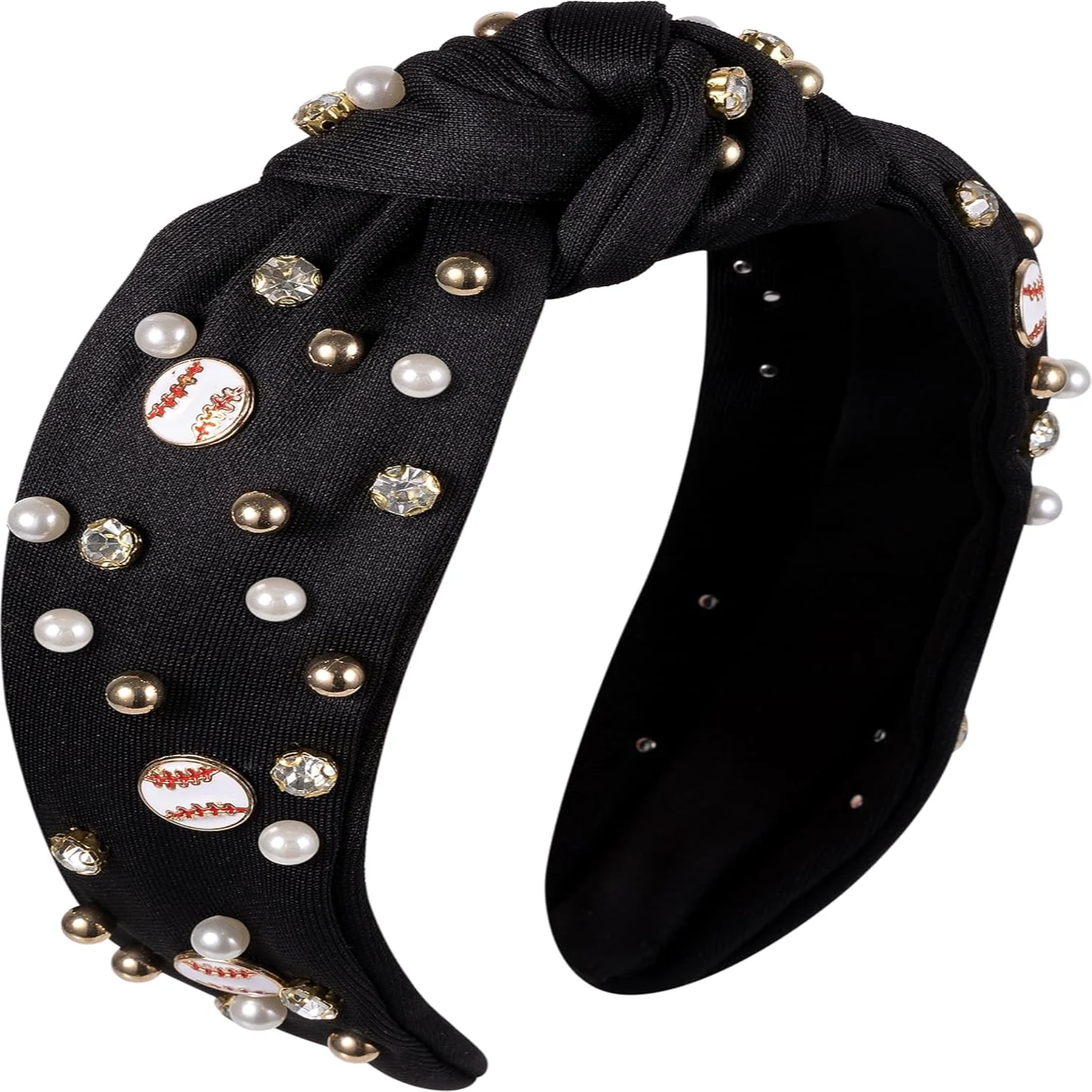 Baseball Headband for Women, Pearl Rhinestone Jeweled Knotted Headband, Fun Sports Baseball Embellished Wide  Knot Hairband Head