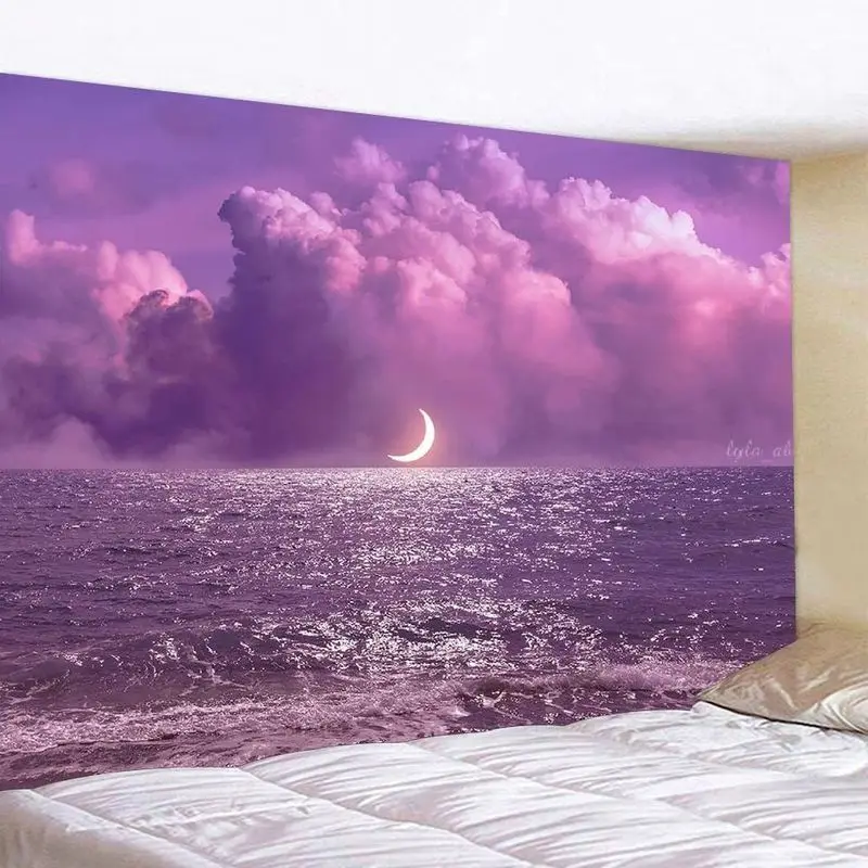 VIKAMA Purple Pink Curved Moon Cloud Tapestry Wall Decoration Living Room Background Wall Room Decoration Home Decoration