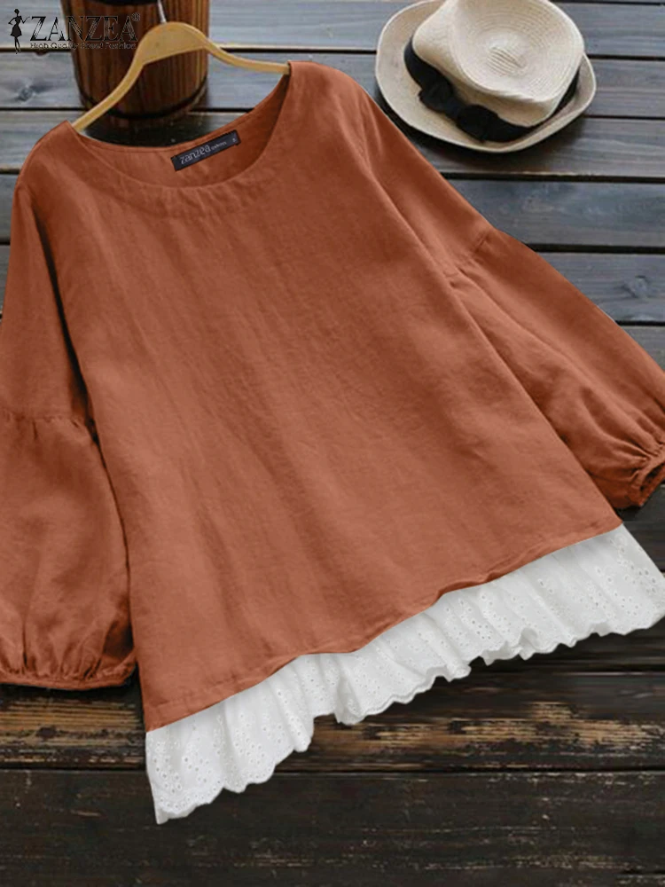 ZANZEA Autumn Blouse Women Vintage 3/4 Sleeve Cotton Shirt Casual Loose Work Blusas Mujer 2024 Fashion Lace Crochet Holiday Tops