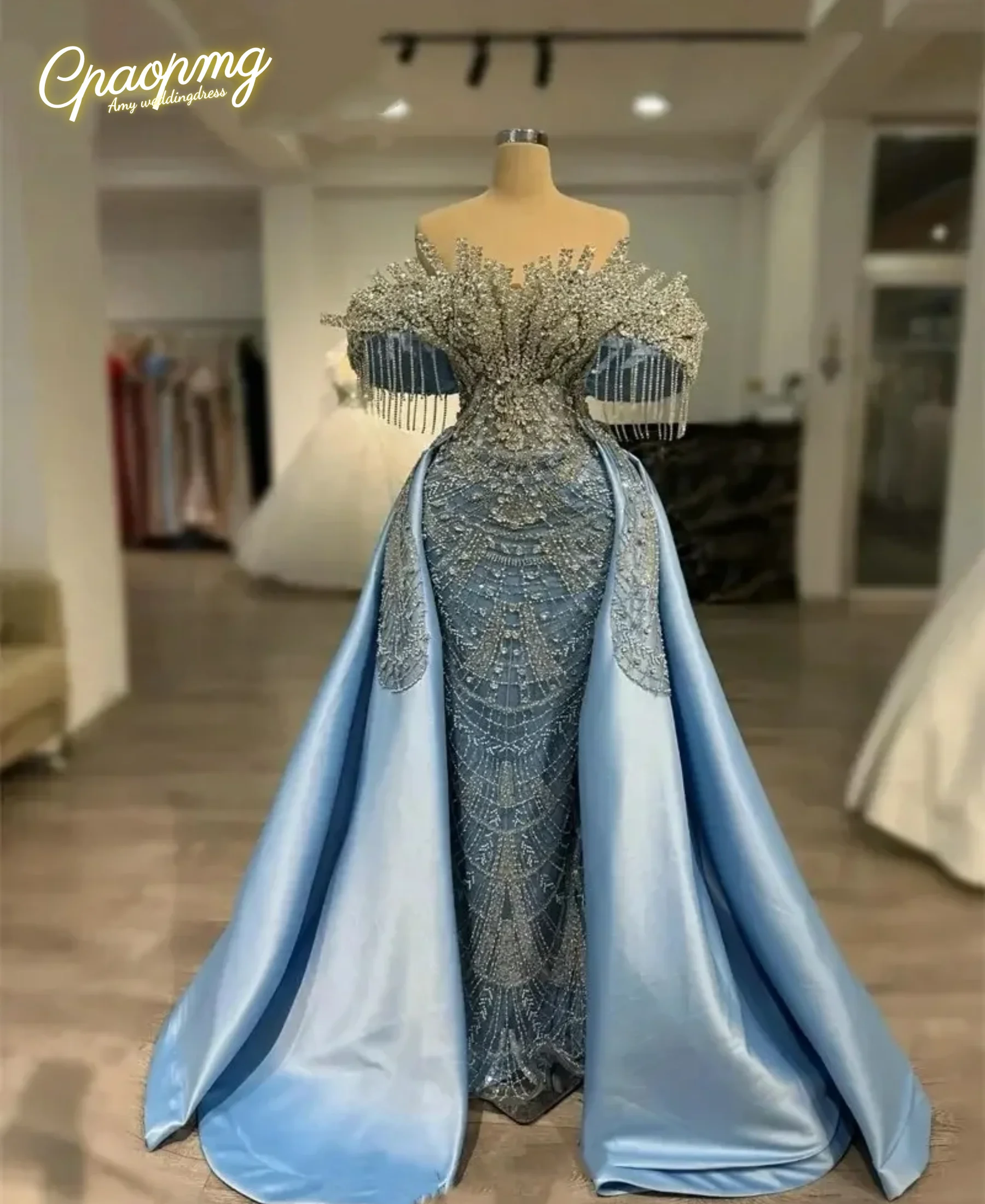 

Индивидуальные роскошные вечерние платья-русалки небесно-голубого цвета с открытыми плечами, серебряными кристаллами и бахромой, выпускные платья с накидкой, вечерние наряды