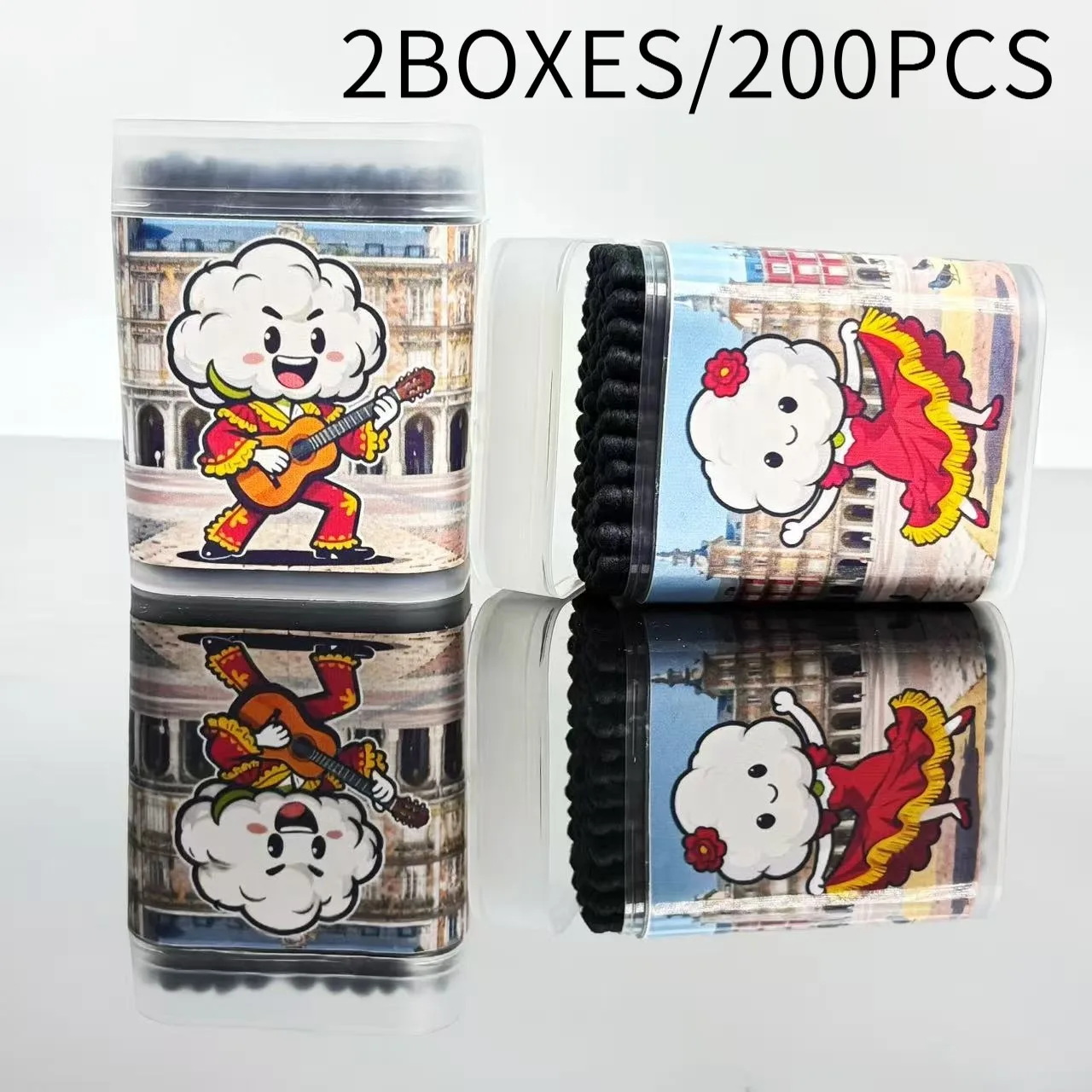 200 Uds hisopos de algodón negros de doble punta con temática española, palos de hisopo de algodón de elemento español rojo redondo en espiral creativo