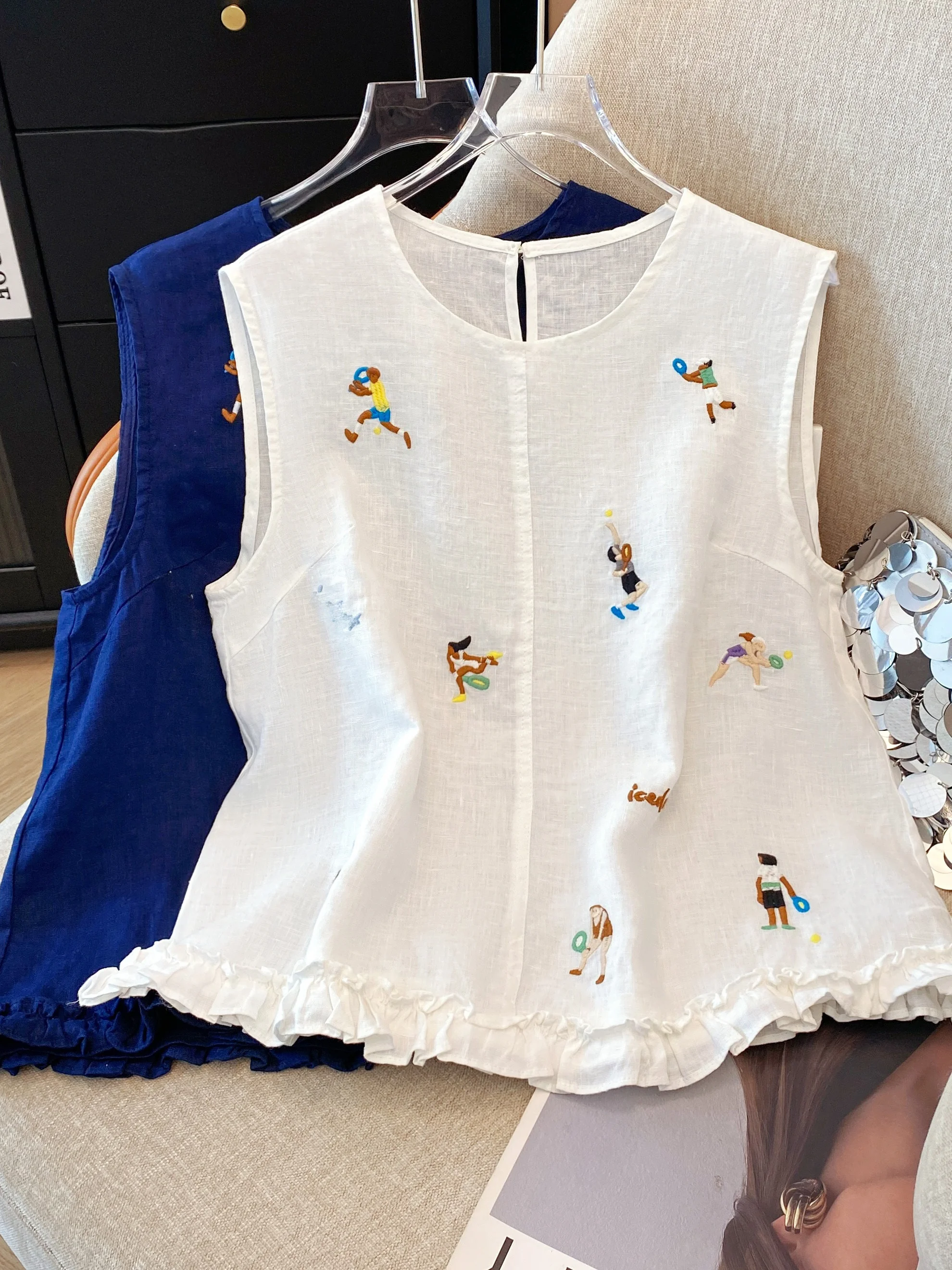 

Retro Cartoon Embroidery Linen Casual Loose Women's Top Summer Cotton Linen Svel irt Vintage Sle Button Design Holl...