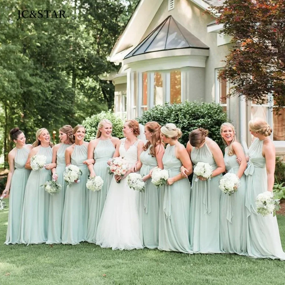 

Sage Green Chiffon Bridesmaids Dresses Long Round Neck Back Opening Wedding Guest Dress Elegant Woman Ceremony Gowns