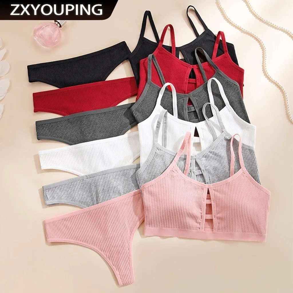 ZXYOUPING Women Bra and Panty Set Threaded Cotton Hollow Bra Sexy G String T Back Panty Seamless Comfortable Bra Thong Set Under