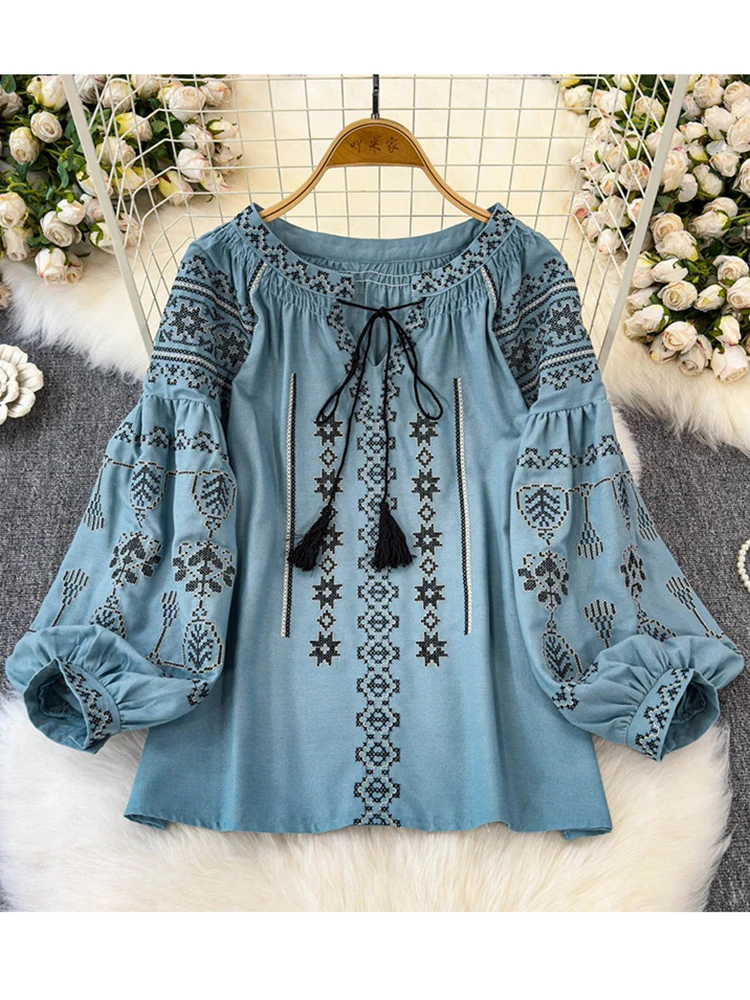 

Spring Autumn Ethnic Style Embroidered Lace Up Blouse Top Women's New Loose Lantern Sleeves Versatile Cotton Linen Shirt D80