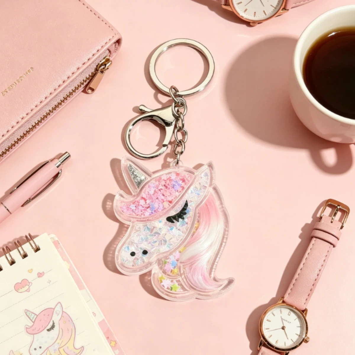 Cute Floating Star Quicksand Unicorn Keychain Transparent Acrylic Unicorn Dangle Charm School Backpack Ornament For Young Ladies