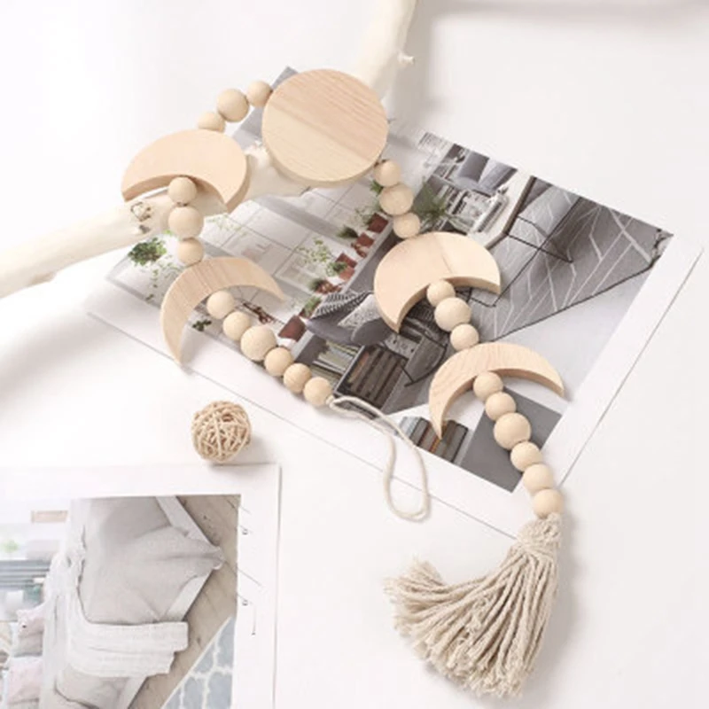 

AA94-Moon Phase Wall Hanging Wood Bead Garland With Tassel, Boho Home Decor