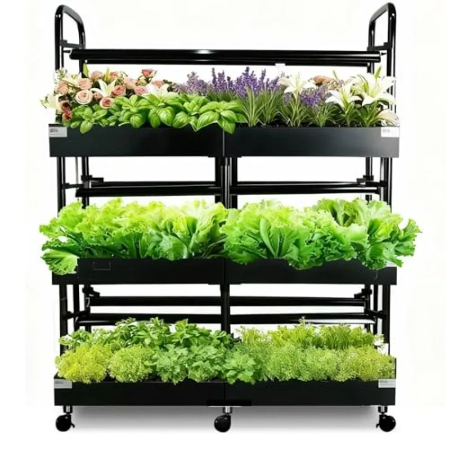 

Indoor hydroponics system for vegetables, herbs, microgreens: 3-tier black kit with grow lights, dual medium, double pump, 88 p