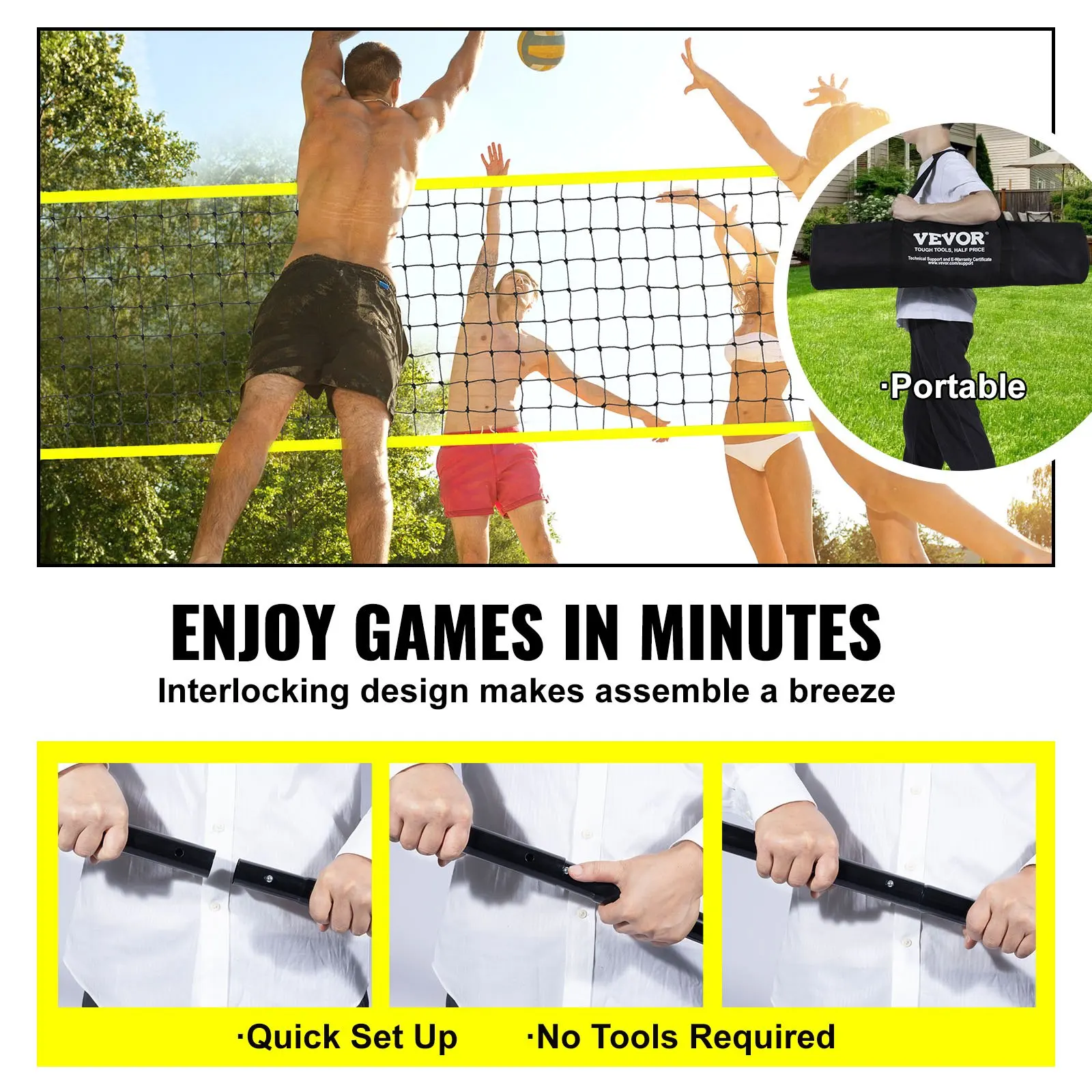 

Outdoor Portable Volleyball Net System, Adjustable Height Steel Poles, Professional Volleyball Set With PVC Volleyball, Pump,
