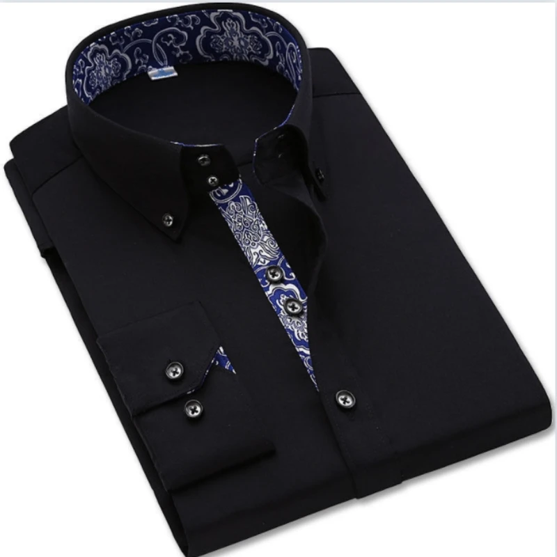 Fashion Korean Clothing Blue White Porcelain Collar Dress Shirt for Men, Classic Cotton Casual Business Men's Long Sleeve Shirt