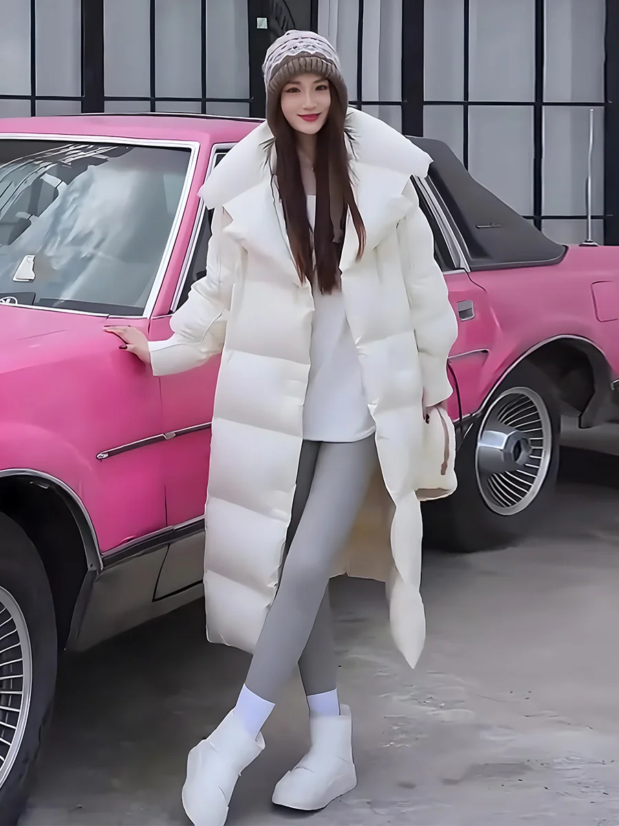 Faionable largo de plumas para mujer Jaet 2025 invierno nueva llegada Thiened Floing cuello grande blanco Du abajo abrigo para damas