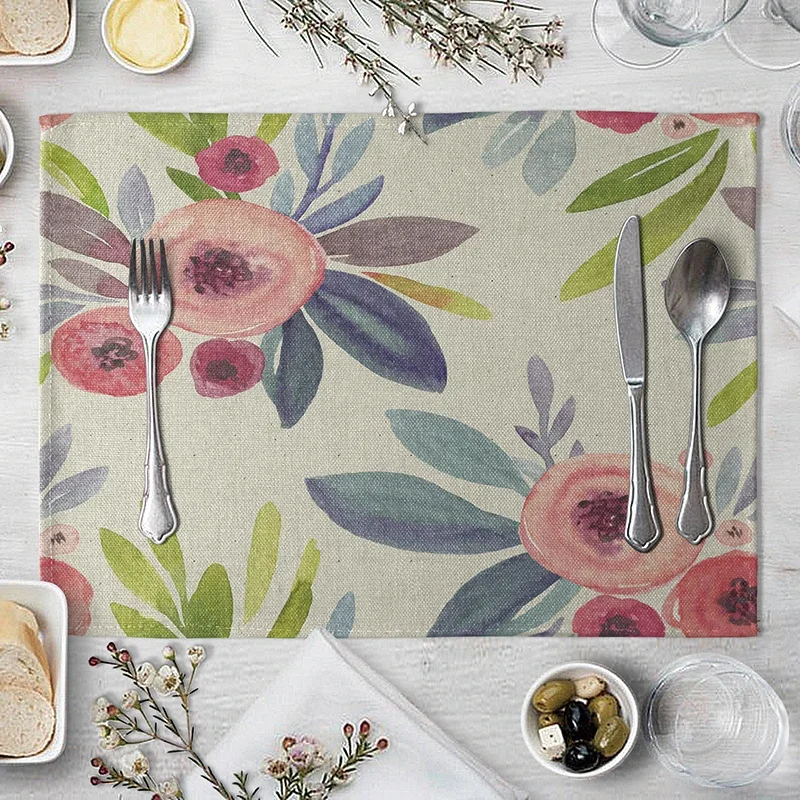 Colorful Branches and Flowers Placemat Linen Fabric Table Mats Family Dinner Tableware Kitchen Table Mat