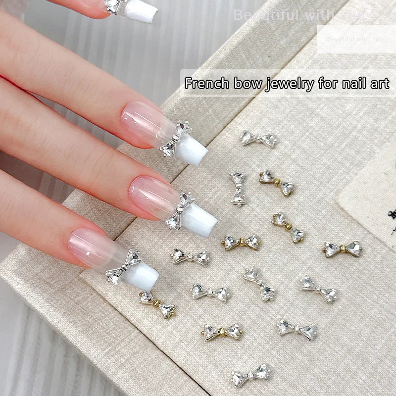 

10Pcs Super Shiny Zircon Nail Designs Charms 12x5mm Bowtie Shaped Gold/Silver Flatback Nail Accessories Sparkle 3D Nail Supplies