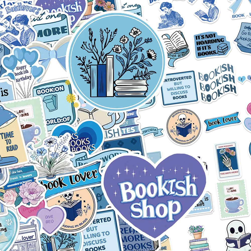 

10/30/50pcs Kawaii Blue Bookish Aesthetic Stickers Cute Cartoon Reading Book Decals Laptop Suitcase Phone Graffiti Sticker Pack