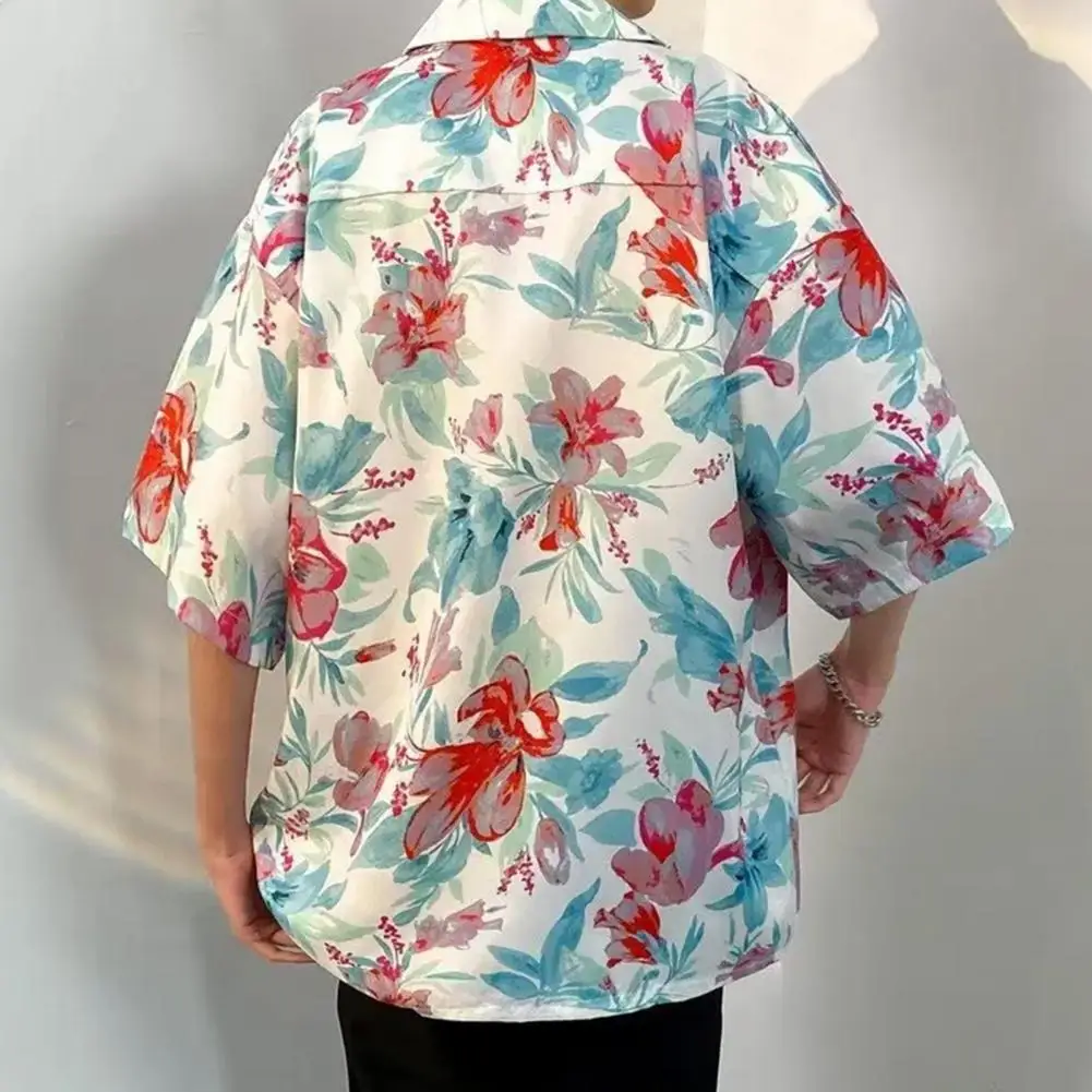 Plus Size Men Summer Beach Shirt Hawaii Floral Print Lapel Loose Half Sleeves Mid Length Hawaiian Vacation Shirt Top