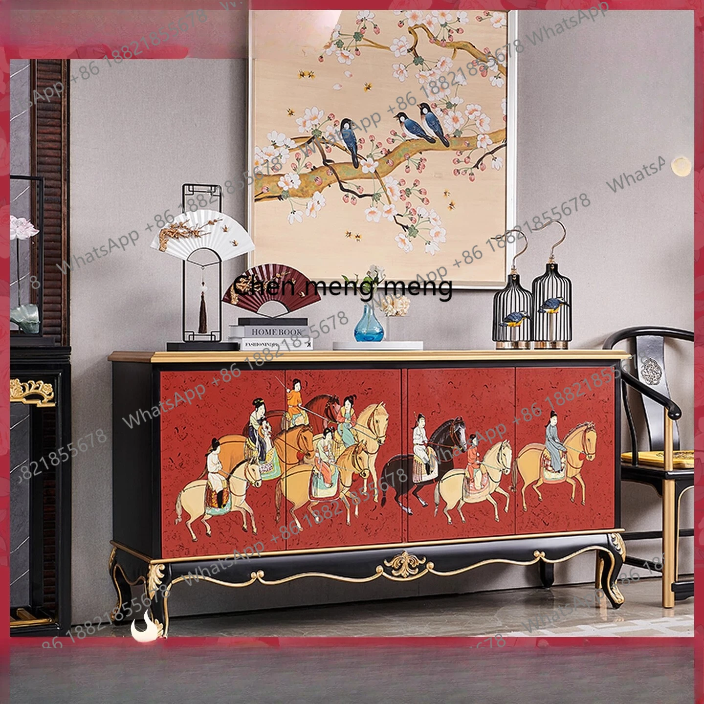 

Modern new Chinese living room solid wood carving dining side table villa storage cabinet decorative locker