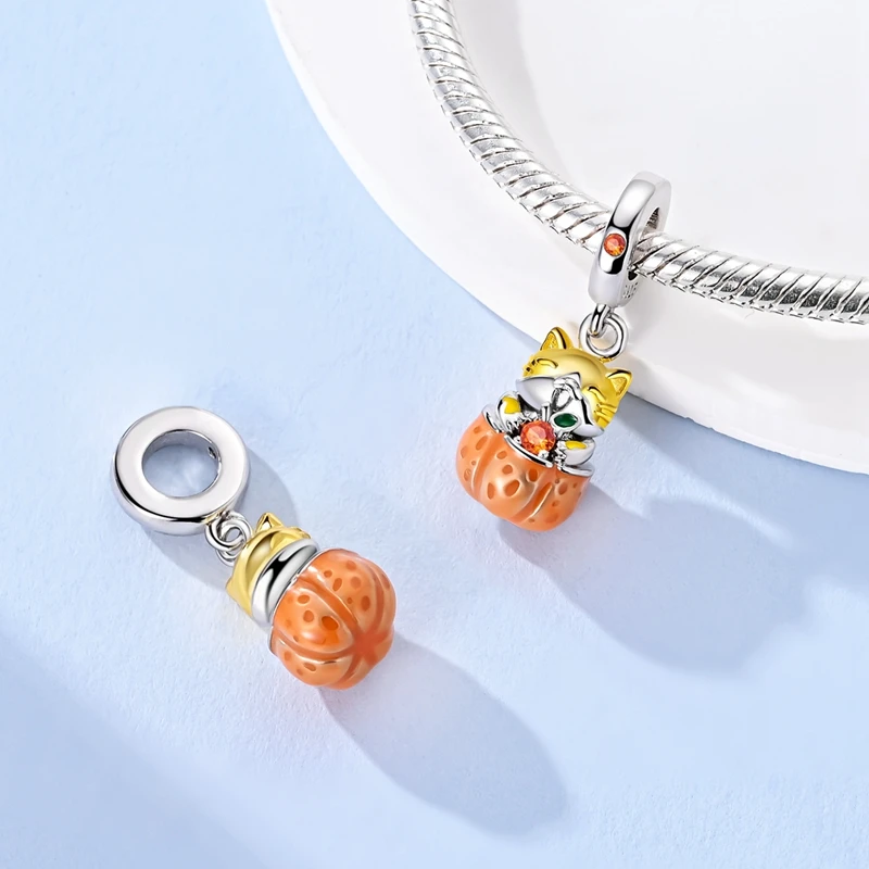 925 Sterling Silver Cat Hugs Orange Charms Bead CZ Zircon Fox Hugs Heart Dangle Fit Original Bracelet DIY Women Jewelry Gift