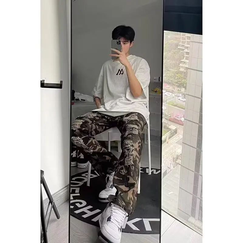 

Casual American High Street Camouflage Ripped Jeans for Teenage Boys Straight Leg Polyester Fiber mid Waist Zipper Fly