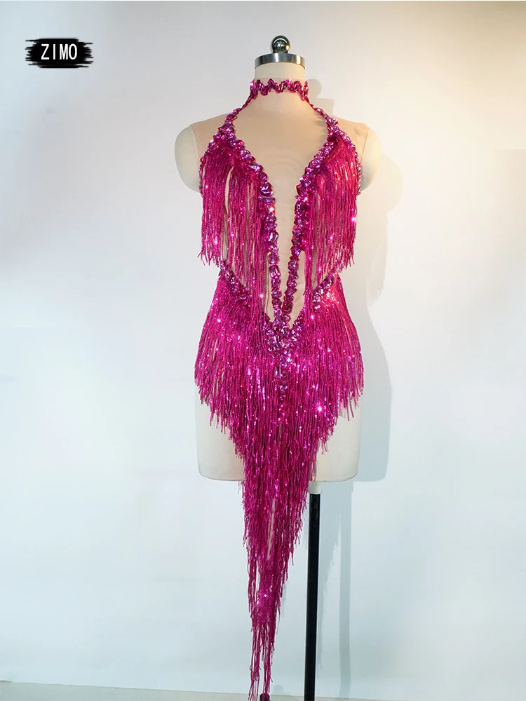 Robe latine Sexy à paillettes et cristaux dorés, avec franges en maille, pour spectacle de danse sur poteau, discothèque, anniversaire, tenues d'équipe pour femmes