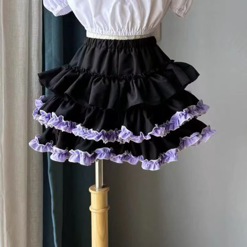 Y2K Gothic Girl's Short Skirt Elastic High Waist Ruffle Tiered Mini Skirt Hotsweet Lolita Pumpkin Shorts Kawaii Skirt Streetwear