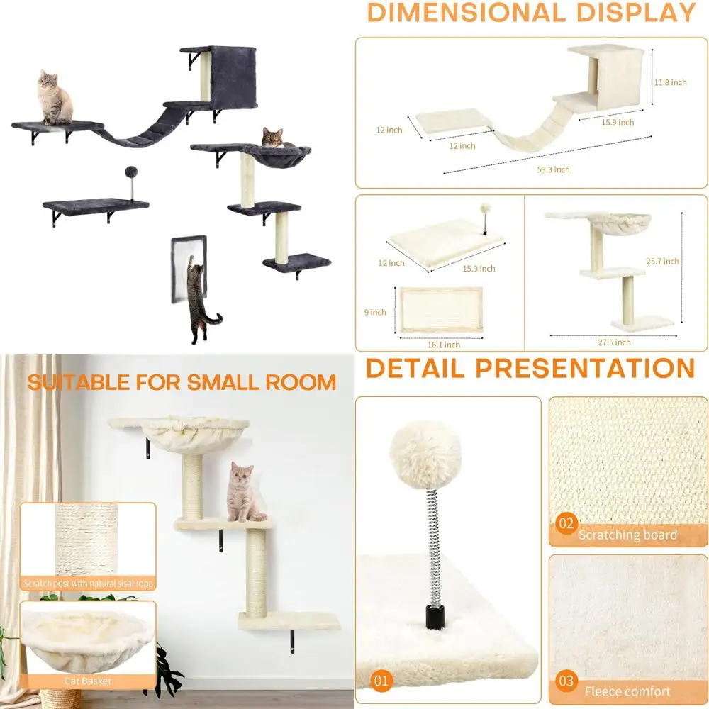 

Indoor 5-Piece Cat Wall Furniture Set with Shelves, Perches, Condo, Ladder, Scratching Board - Dark Grey