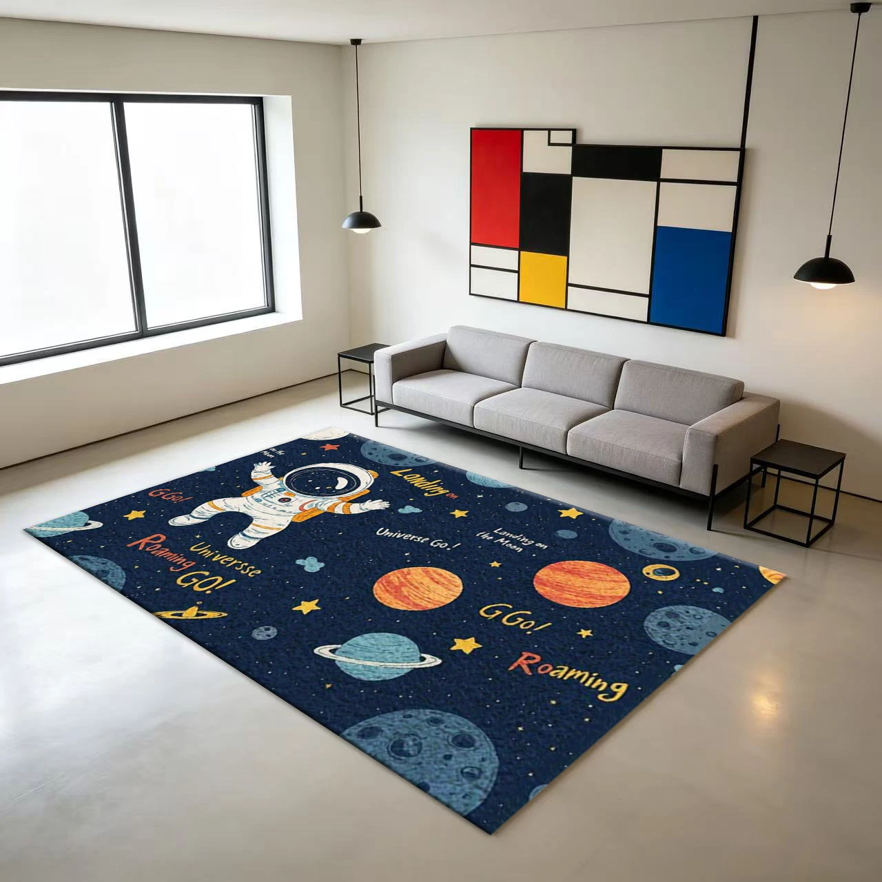 Cartoon Space Astronaut Kids Rug Planet Star Universe Print Children's Bedroom Playroom Floor Carpet