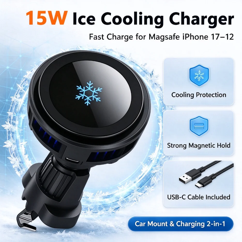 Magnetic Phone Holder For Car Vent - 15W Buz Soğutmalı Manyetik Kablosuz Araç