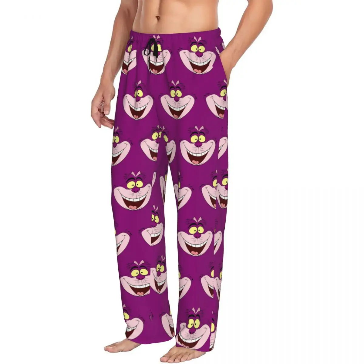 Pantalones de pijama personalizados con diseño de gato de Cheshire para hombre, ropa de dormir elástica con bolsillos, Alicia en el país de las Maravillas, salón de dibujos animados