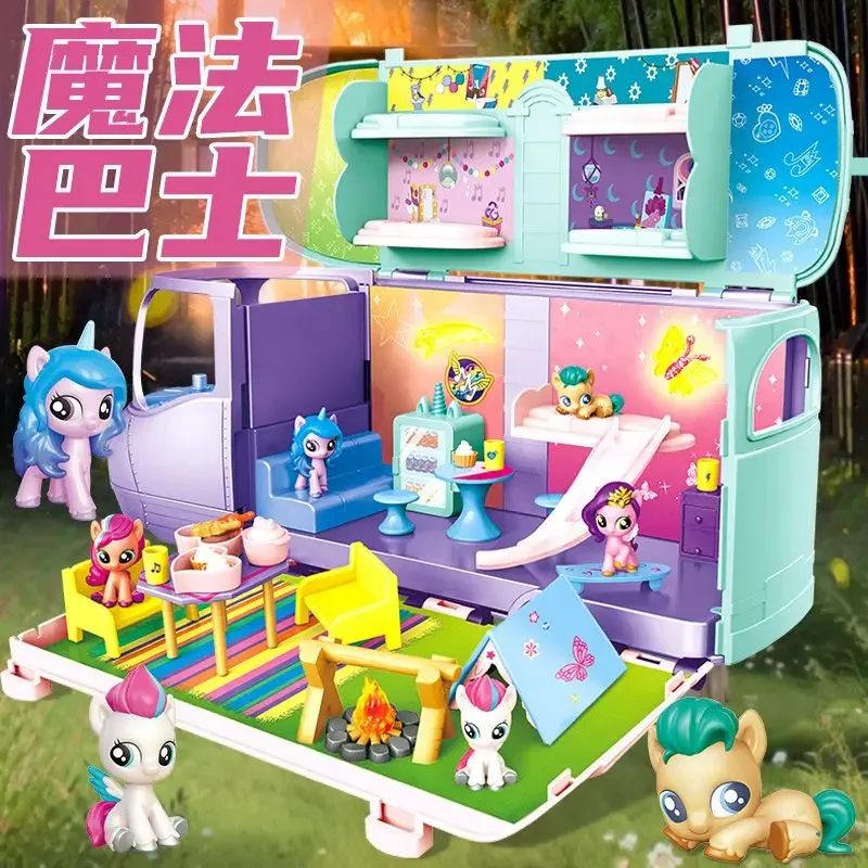 Disney My Little Pony Magic Bus Cartoon Large Set Cartoon Glowing Scene Series Creative Girls Toys Holiday Gift Kids Toys Kawaii