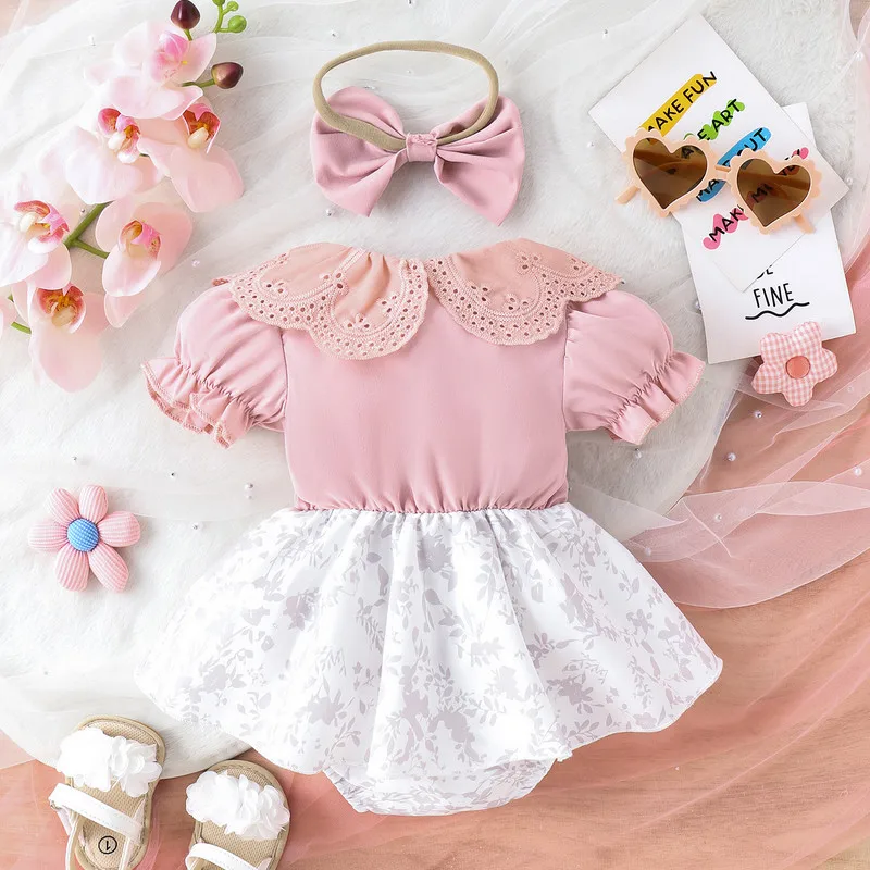 Newborn Baby Girl Bodysuit 2 Piece Outfits Summer Clothes Floral Short Sleeve Buttons Jumpsuit Dress with Cute Headband