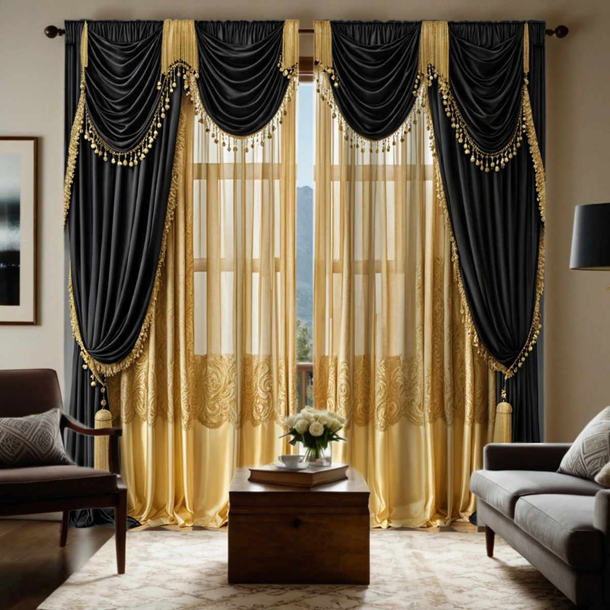 

2-piece HD digital curtain printing simulation valance Yellow series light modern European black and yellow splicing home decora