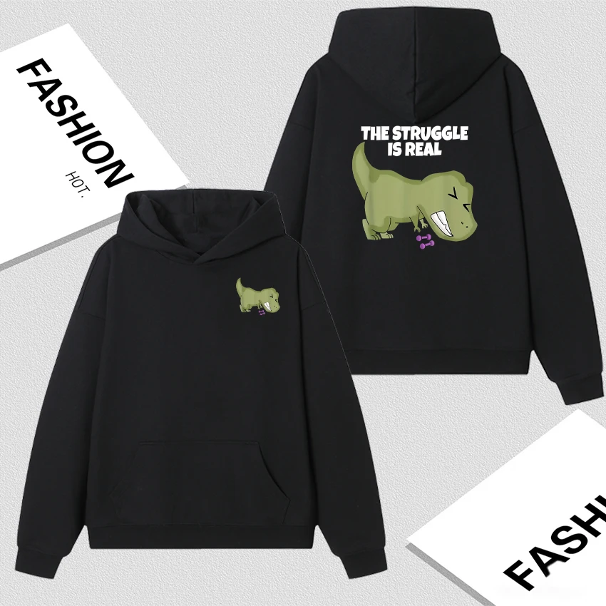"Striving is real" - Sudadera con capucha gráfica divertida de dinosaurio Tyrannosaurus Rex para levantamiento de pesas Otoño Invierno Hombres Mujeres Jersey de lana suelto