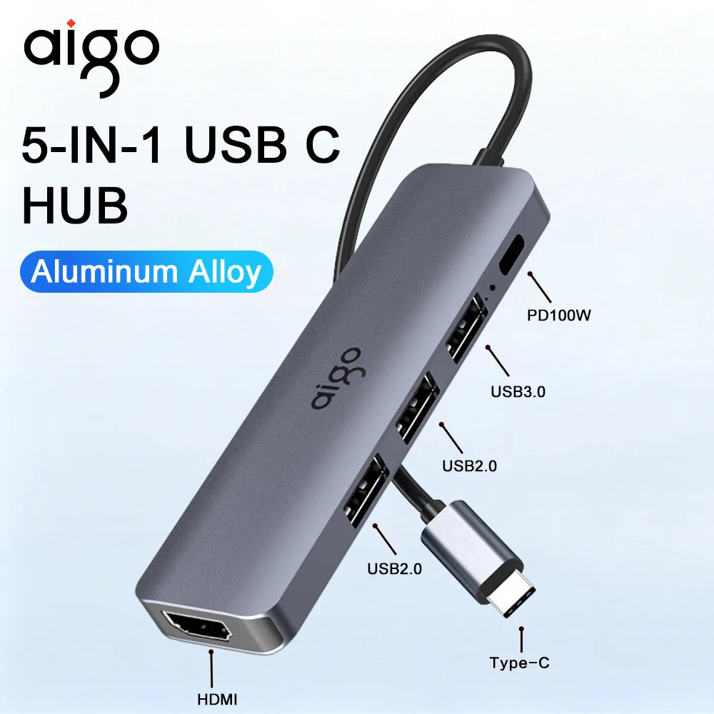 Aigo 5 Ports USB C HUB HDMI Compatible PD100W Fast Charge USB3.0 2.0 Docking Station Adapter Splitter For PC Laptop Phone