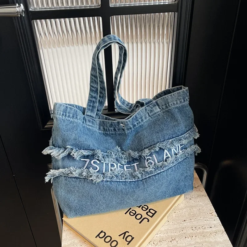 Korean Niche Washed Denim Canvas Bag Women's 2024 New Fashionable Large-capacity Commuter Shoulder Tote Bag