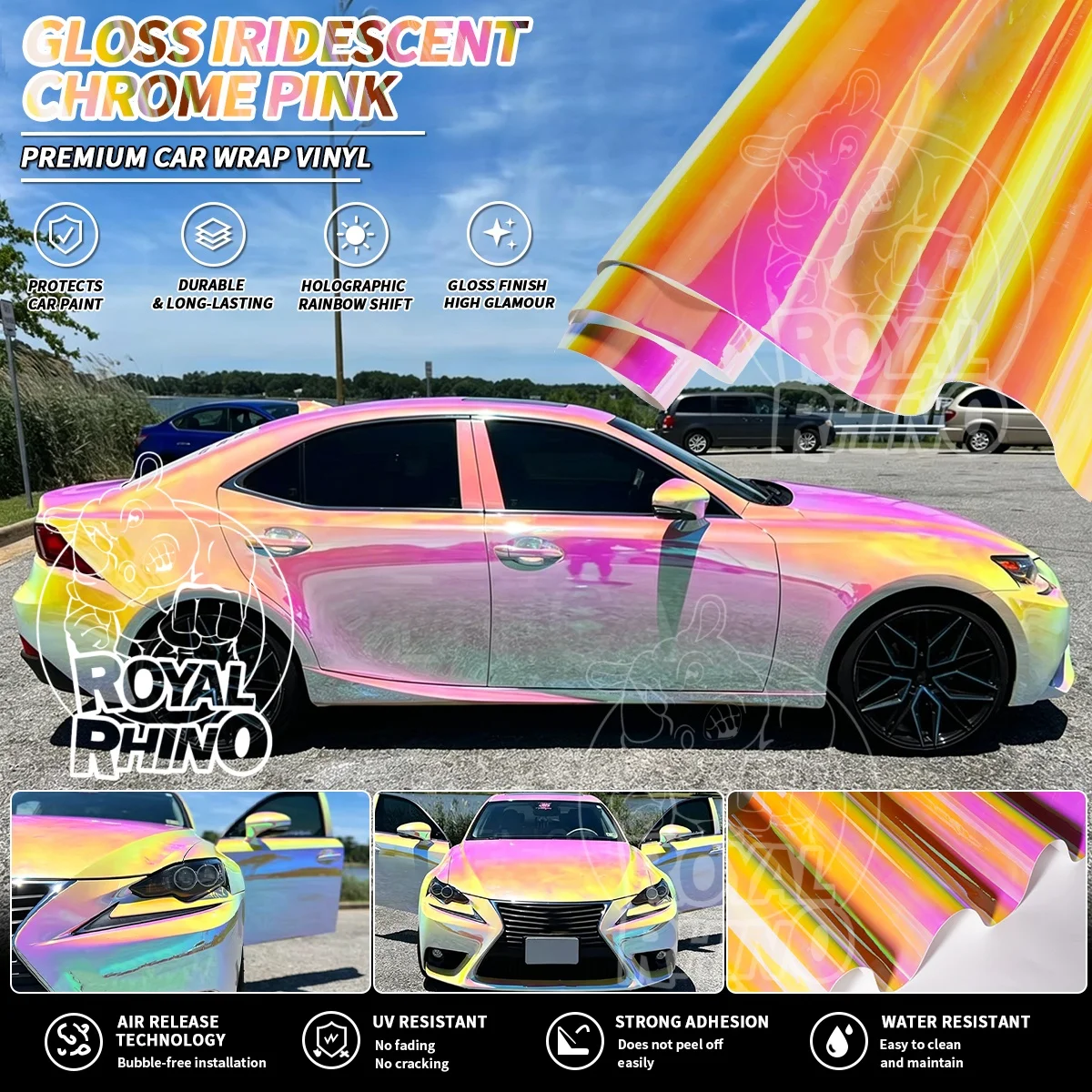 

Gloss Iridescent Holographic Rainbow Chrome Pink Vinyl Wrap Color Shift Adhesive Decal Film Motorbike Car Wrapping Sticker
