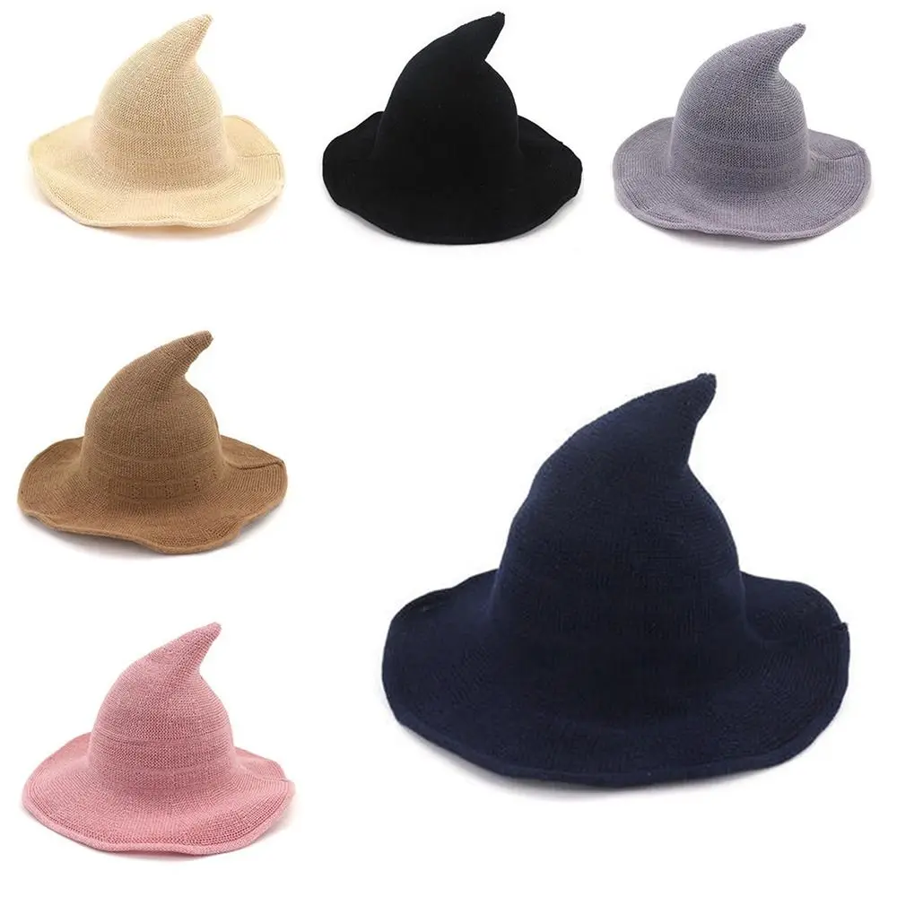 Wacky Witch Design Halloween Witch Hat Solid Color Warm Cap Long Point Hat Foldable Wool Magical Hat Women