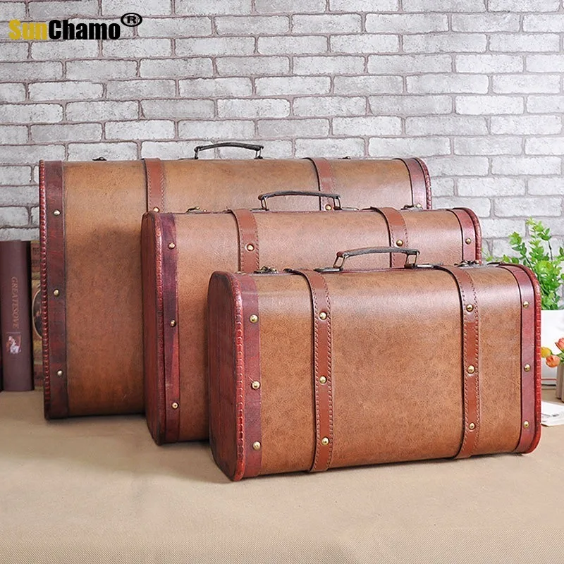 

Vintage Leather Case European Window Decoration Display Retro Wooden Suit Box Clothes Storage Box Luggage Case Photography Props