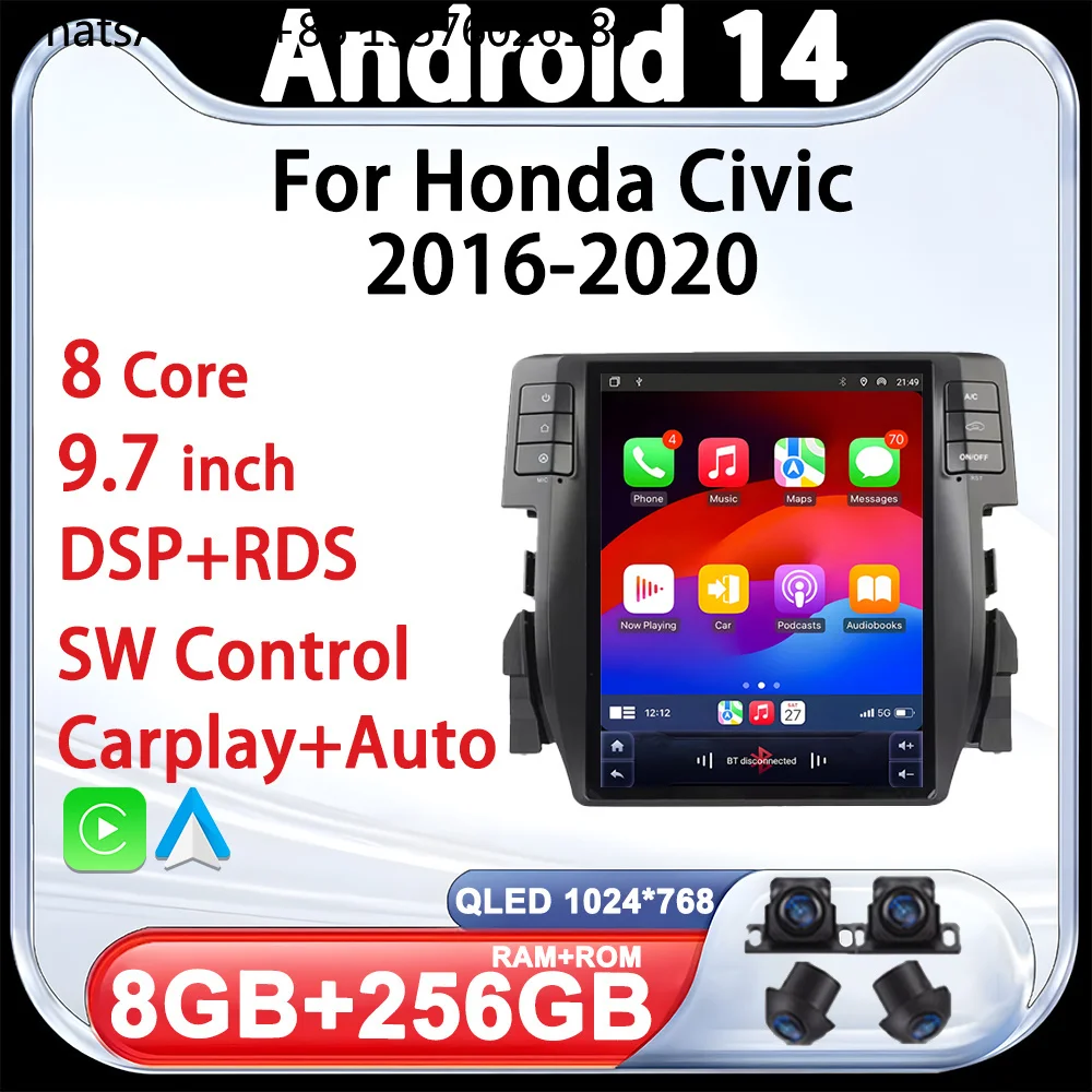 For Tesla Style 9.7 inch Car Stereo Car Radio Android For Honda Civic FC FK 2016-2020 GPS Navigation Touch Screen 8 Core 5G Wifi