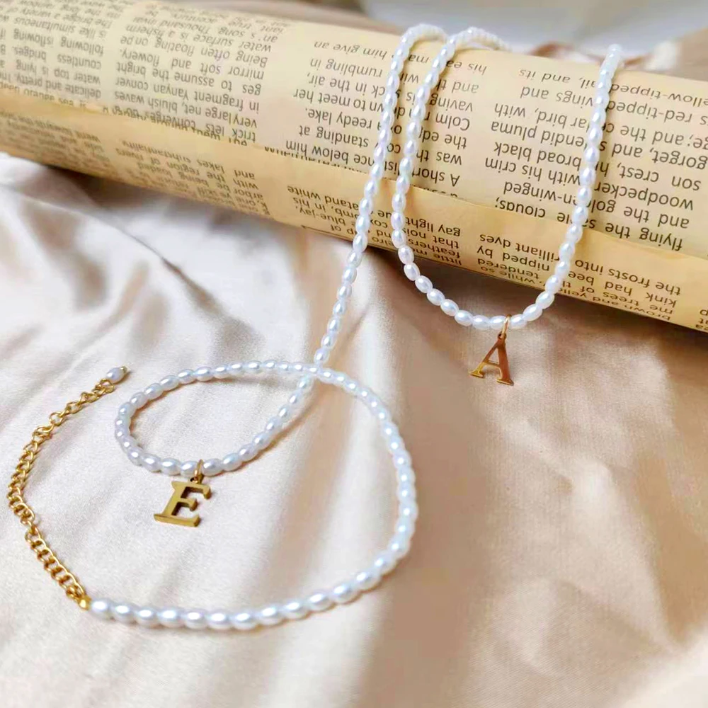 eManco Faux Pearl Initial Necklace Stainless Steel Collar Necklace Korean DIY Alphabet Accessories Name Customization