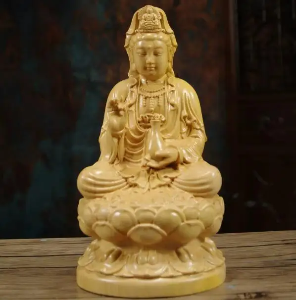 Wood Carving Guanyin Bodhisattva Figurine Buddha Sculpture Lucky Crafts Avalokitesvara Statue for Home Living Room Decoration
