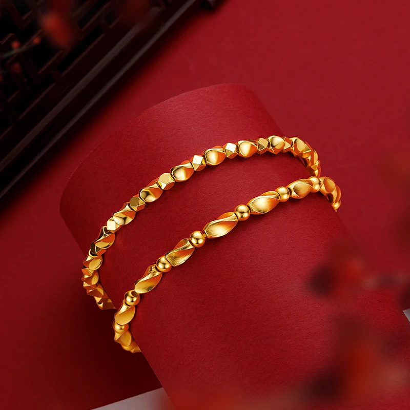 

Luxury 100% Real 24K Gold Dazzling Crushed Gold Twisted Beads Bracelet Sparkle Shiny Stackable Jewelry