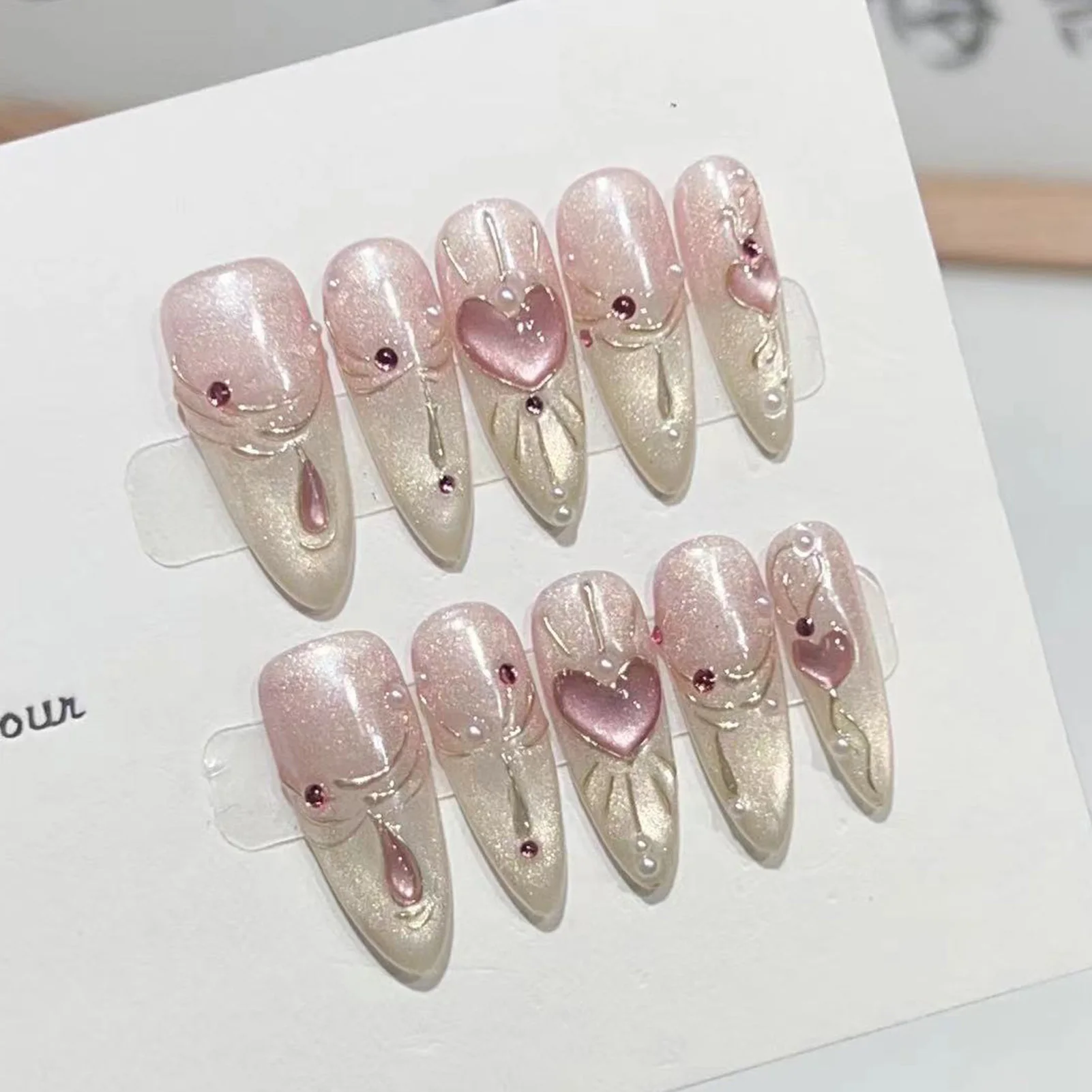 10PCS Almond Glossy Press On Nails Heart Bowknot Lavender Fake Nails Resin Artificial Nails For Party Wedding Christmas DIY