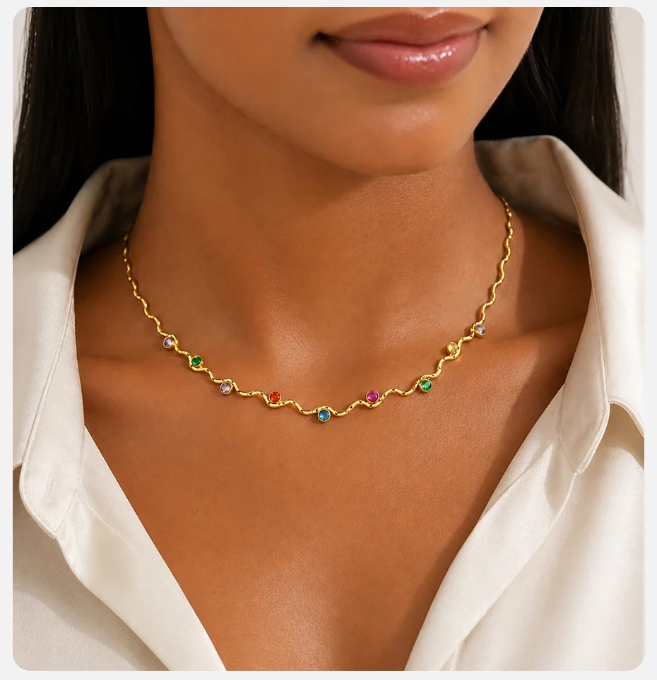 Vnox Trendige Vergoldete Bunte Zirkonia-Wellenkette für Damen, Exquisite Edelstahl-Schlüsselbeinkette, Bohemian-Schmuck – Detail 3