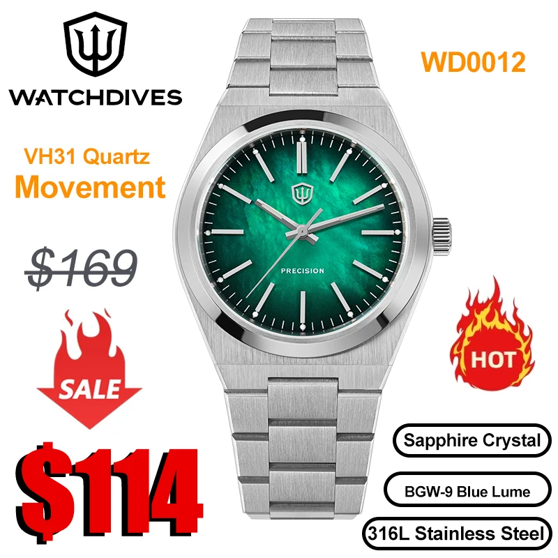 Watchdives WD0012 montre à Quartz VH31 mouvement de balayage verre saphir montre de luxe 100m étanche BGW9 lumineux montre Vintage pour hommes