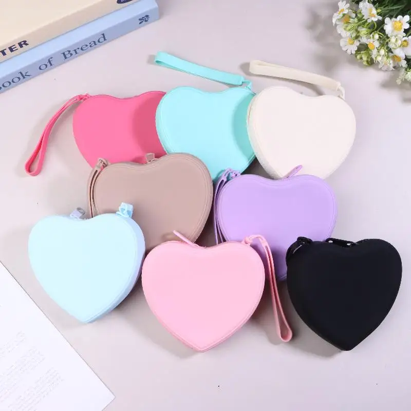 1pc Portable Silicone Coin Purse Waterproof Heart-shaped Small Wrist Wallet Solid Color Zipper Travel Sundries Storage Bag
